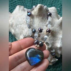 💙 Artisan Hand-Crafted Blue Labradorite Heart, Black Pearl & Moonstone Necklace